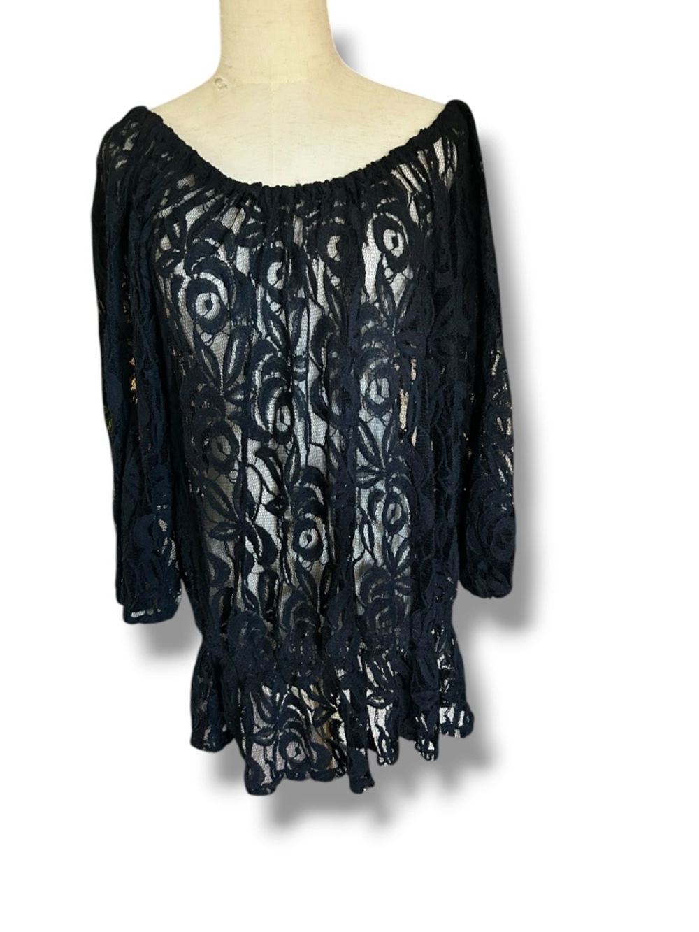 Sheer Black Lace Crochet Floral Peasant Top